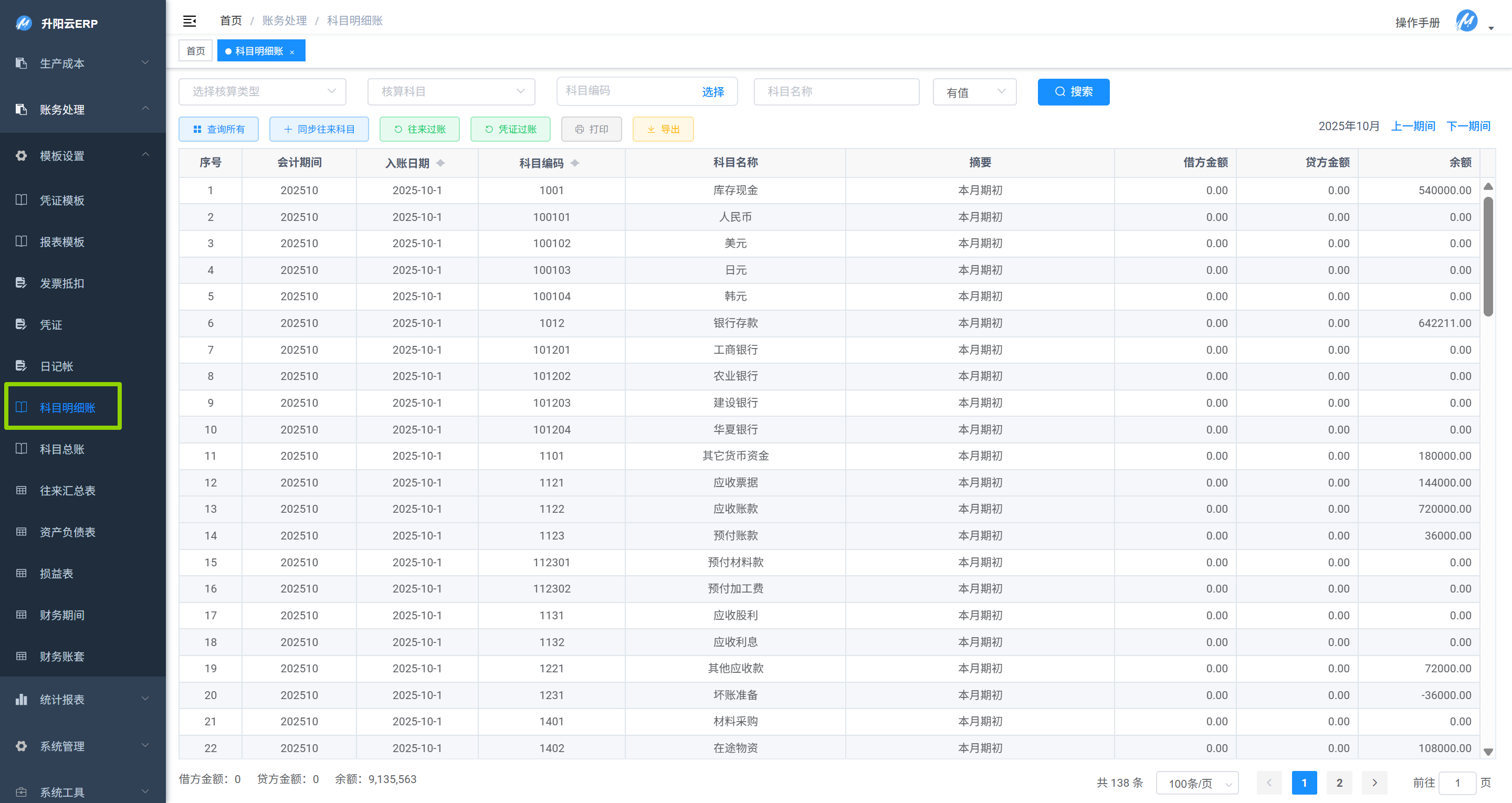 科目明细帐列表