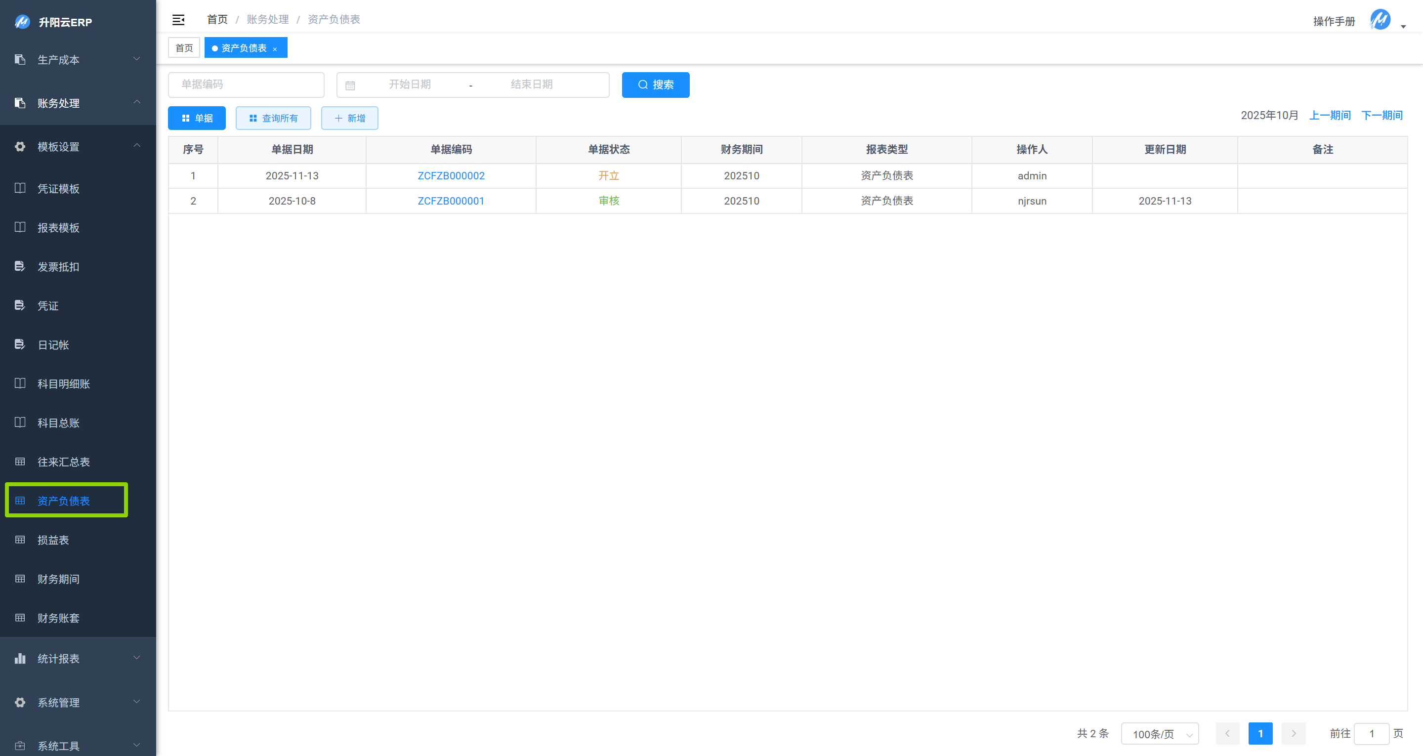 资产负债表列表